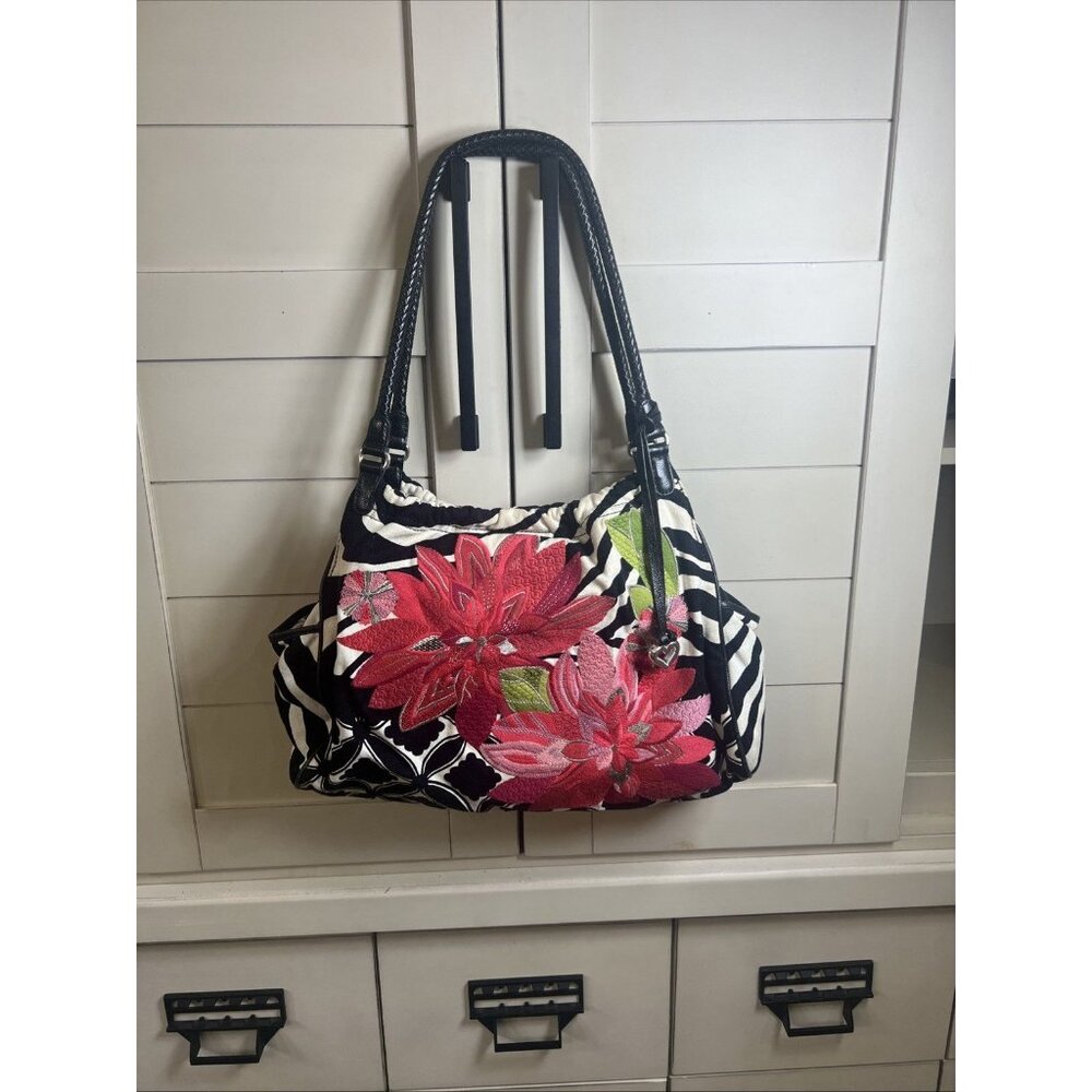 Brighton Floral Embroidered Canvas Boho Shoulder Handbag With Heart Charm Tote